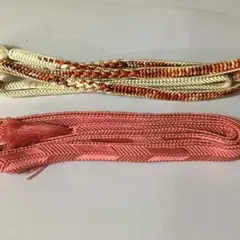 中古　正絹　帯締め サーモンピンク オレンジ クリーム色 等　房付き　2本セット