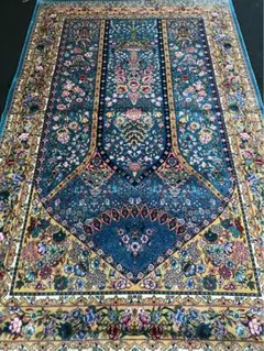 最高級作 ペルシャ絨毯 イラン クム産　シルク100% 手編み289万ノット　青