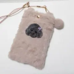 ✡️フェイクファートイプーブローチ付きスマホショルダーバッグ薄ピンクハンドメイド