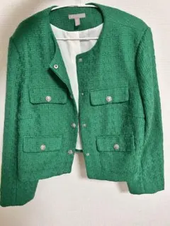 H&M ツイードジャケット ノーカラー グリーン 金ボタン