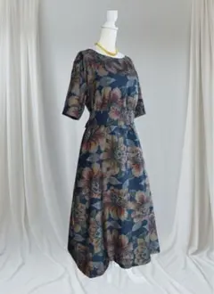 着物リメイク　大島紬　大輪模様　Aラインワンピース　ゆったりワンピース　リボン付