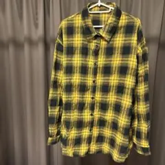 チェック柄 長袖 ロング ネルシャツ 黄色 L古着 レディース