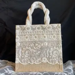 お花シリーズ 幅広インド刺繍リボン ミニジュートバッグハンドメイド
