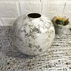 陶器製丸型花瓶 白黒大理石模様