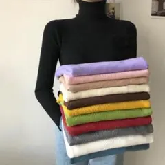 リブ ニットトップス タートルネック無地