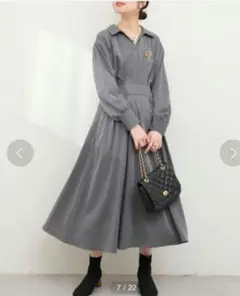 美品 natural couture スキッパー衿 ワンピース　グレー