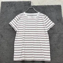 ヒューマンウーマン【L】茶×白 ボーダー 半袖Tシャツ 綿100％ クルーネックのサムネイル