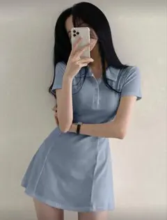 水色ポロドレス 半袖 Aライン 新品未使用✨️