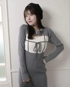 デコルテオープンバイカラーリボンニットワンピース