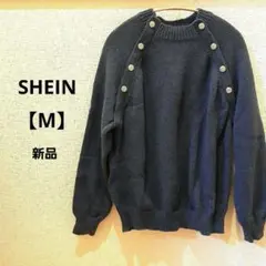 ダークブルー ニットセーター ボタン付き　M