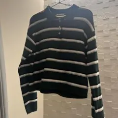 ダークグリーン ストライプ 長袖ポロニット