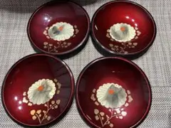 漆器 花柄 赤色皿 4枚セット