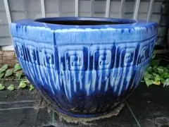 昭和レトロ 陶器製 火鉢 金魚鉢 メダカ鉢 青 ブルー火鉢 - メルカリ