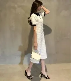 お値下げ中‼️岡部あゆみさんコラボ ］ リップルボーダーポロカラーニットワンピース