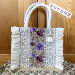 インド刺繍リボン　アレンジ ジュートバッグ　パープル系フリルタイプ　サブバッグ