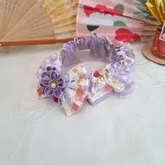 短毛シュシュ、和風妻み細工(白×藤色)わんちゃん猫ちゃん用