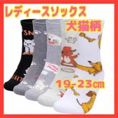 《新品》レディースソックス 靴下 厚手 5足セット 犬猫柄 19-23cm