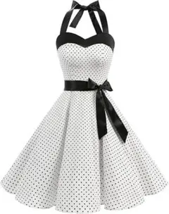 ホルターネック ワンピース 結婚式 ミディアム ドット柄 ベルト付き XL