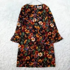 タグ付き✨ ミニマムミニマム ワンピース 花柄 フレア 黒（S）七分袖 日本製