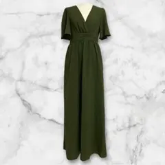 SHEIN カーキ Vネック ロングワンピース M 半袖 きれいめ