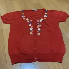 OLIVEdes OLIVE 花柄刺繍 半袖ニットカーディガン レッドのサムネイル
