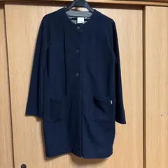 ネイビー 長袖ノーカラーカーディガン ストライプ裏地