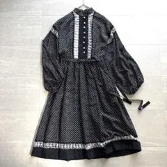 レトロ 小紋柄 ワンピース ハイネック ギャザー ロングワンピース 黒 ベルト