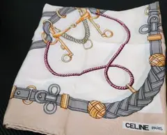 ★CELINE★ スカーフ 大判 馬具 ベルト チェーン ブラウン ネイビー 新品未使用 CELINE 馬具 大判 シルクスカーフ ベルト ゴールド