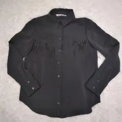 ZARA フリンジ 長袖シャツ フリンジデザイン ブラウス 黒 Sのサムネイル