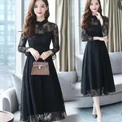 【訳ありセール】お呼ばれドレス　黒　レース　シアー　結婚式　ワンピース