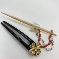 122518 黒いかんざし 花飾り付き セット