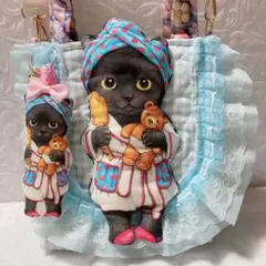 新柄バスタイム黒猫バミちゃん２wayバッグ　韓国ハートキルト&クッションフラワー