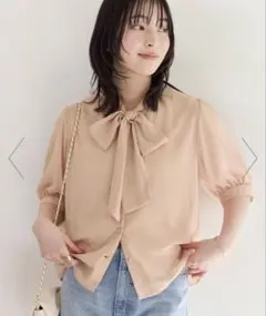 ドット&無地ラメ楊柳ボウタイブラウス　VIS