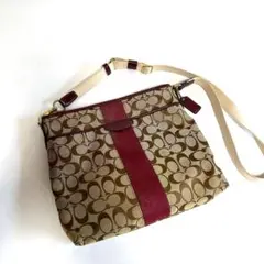 コーチ F28502 ショルダーバッグ ベージュ ワインレッド キャンバスレザー