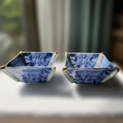 青色 四角形 陶器小鉢 2個セット