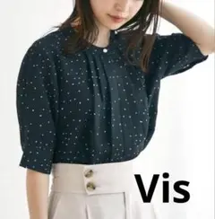 新品【Vis】2way ドット柄 フロントタック 五分袖ブラウス 黒