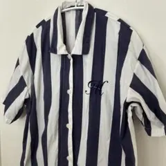 alpinardストライプ 半袖ロングシャツワンピース胸刺繍