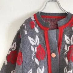 used 総柄カーディガン バラ柄 花柄 グレー 赤 羽織り ヴィンテージ 古着