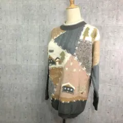1260 ヴィンテージ　パッチワークデザイン ニット・セーター　F