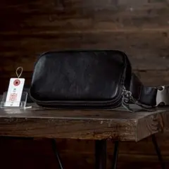 本革 ダブルファスナー ウエストポーチ ボディバッグ メンズ ポーチ 黒