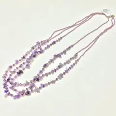 新品　ガラスビーズ　アメジスト　さざれ3連　ネックレス　パープル　■　T985