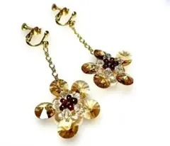 SWAROVSKI★クリスタル★花モチーフ★ロングイヤリング★ゴールド★秋
