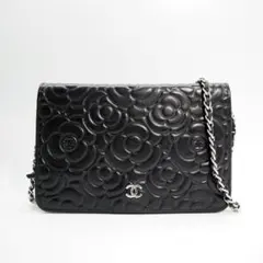 美品 シャネル カメリア チェーンウォレット ショルダーバッグ 財布 斜め掛け黒