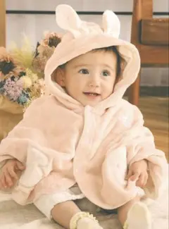 完売品　ウサギ　フード付き　ぽこぽこアニマル柄ボアマントベビー(50~90cm)