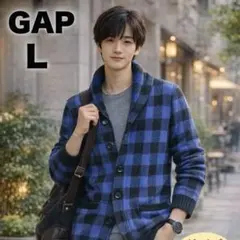 GAP メンズ カーディガン L チェック柄 ショールカラー ニット ブルー