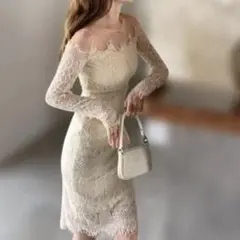 総レース タイトワンピース オフショルダー ベージュ キャバドレス 韓国ドレス