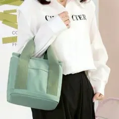 グリーン2wayミニトートバッグ　大容量 キャンバスショルダーバッグ 仕切り付き