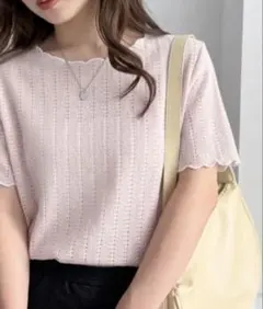 透かし編み 半袖ニット ピンクのサムネイル