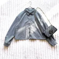 Honeys ハニーズ　長袖シャツ　ブラウス　L グレー　チェック柄　クロップド