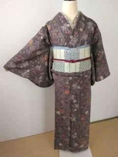 小紋 着物 袷 籠目柄に菊と枝垂れ桜のサムネイル